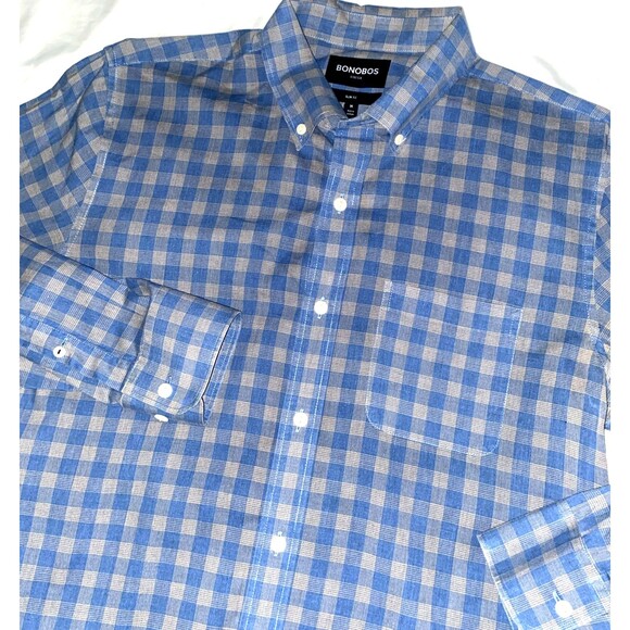 BONOBOS Shirt Mens Size M Button Down Long Sleeve Slim Fit Blue Plaid Cotton - Picture 3 of 7